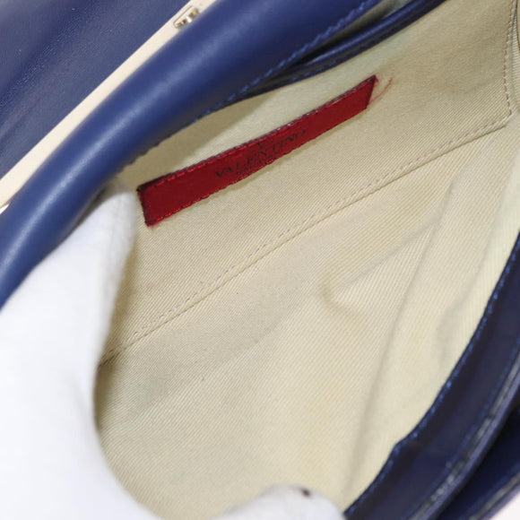 VALENTINO Studs Chain Shoulder Bag Leather Navy Gold Auth BA8756