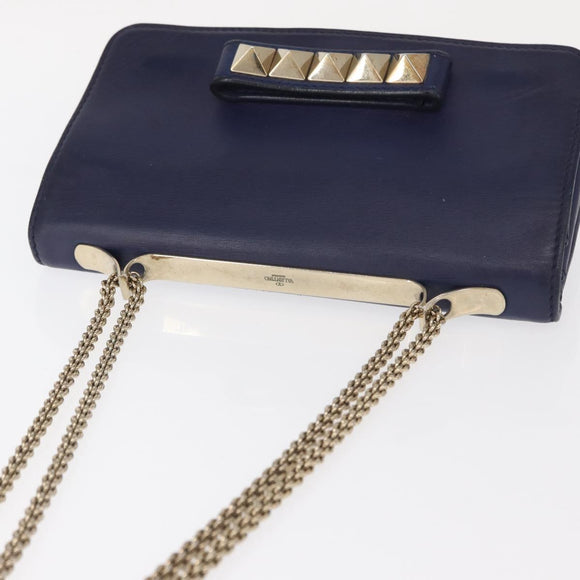 VALENTINO Studs Chain Shoulder Bag Leather Navy Gold Auth BA8756