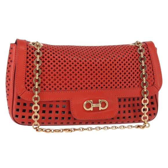Salvatore Ferragamo Gancini Chain Shoulder Bag Leather Red Gold Auth BA8781