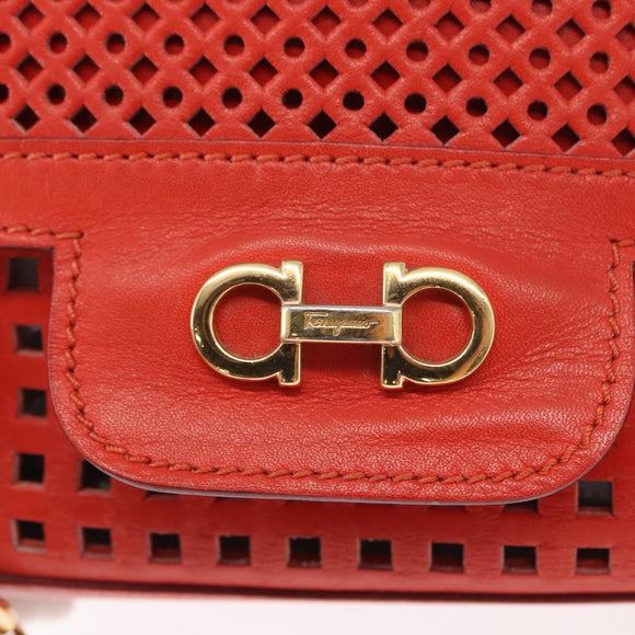 Salvatore Ferragamo Gancini Chain Shoulder Bag Leather Red Gold Auth BA8781
