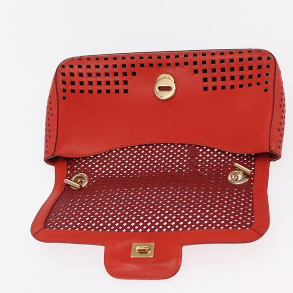 Salvatore Ferragamo Gancini Chain Shoulder Bag Leather Red Gold Auth BA8781