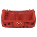 Salvatore Ferragamo Gancini Chain Shoulder Bag Leather Red Gold Auth BA8781-13
