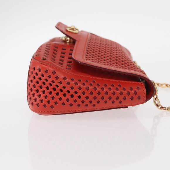 Salvatore Ferragamo Gancini Chain Shoulder Bag Leather Red Gold Auth BA8781