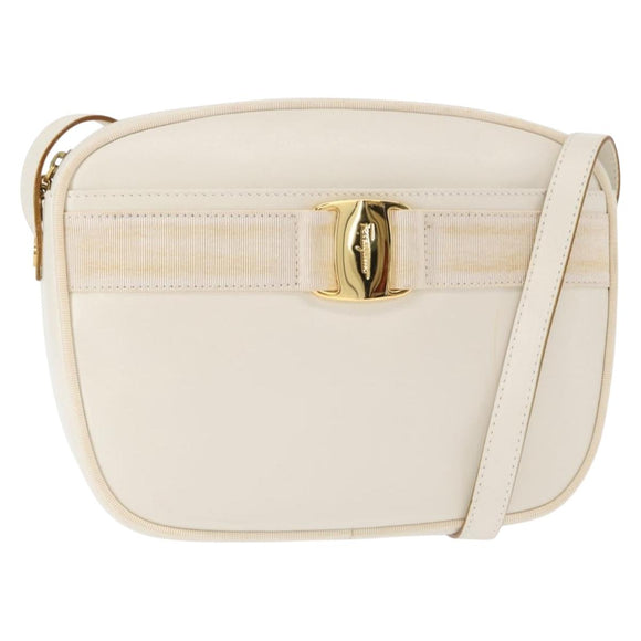 Salvatore Ferragamo Gancini Shoulder Bag Leather White Gold Auth BA8782