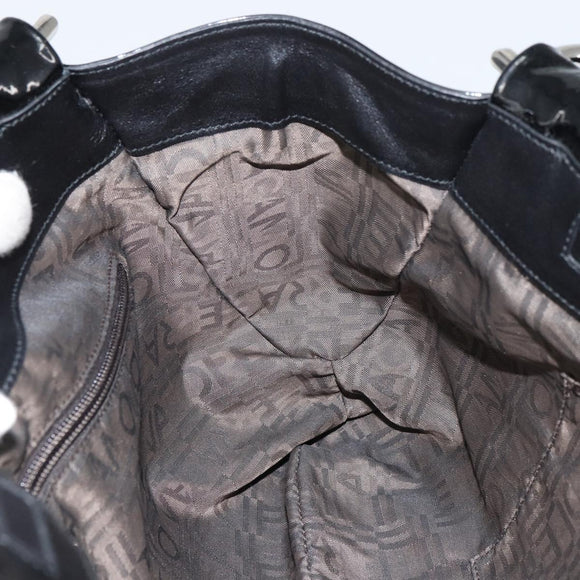 Salvatore Ferragamo Gancini Tote Bag Enamel Black Silver Auth BA8785