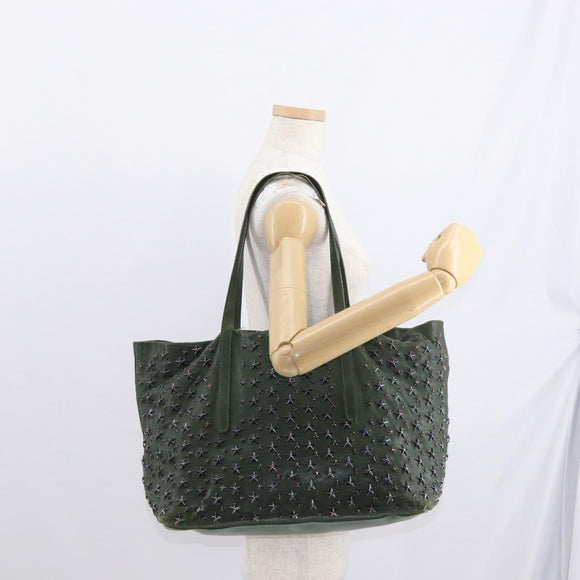 Jimmy Choo Studs Tote Bag Leather Green Silver Auth BA8788