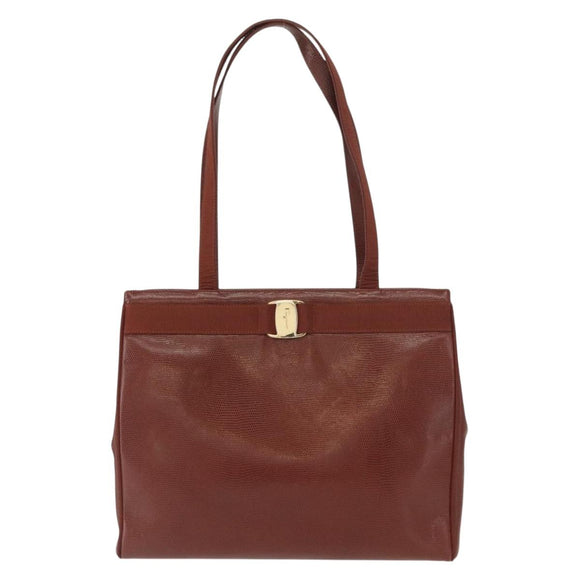 Salvatore Ferragamo Vala Tote Bag Leather Brown Gold Auth BA8853