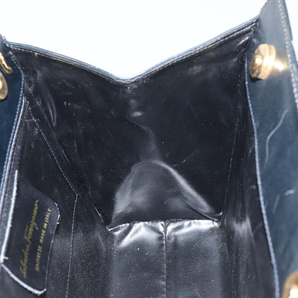 Salvatore Ferragamo Vala Hand Bag Leather Navy Gold Auth BA8854