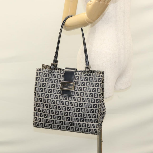 FENDI Zucchino Canvas Tote Bag Navy Silver Auth BA886V