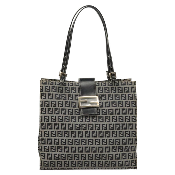 FENDI Zucchino Canvas Tote Bag Navy Silver Auth BA886V