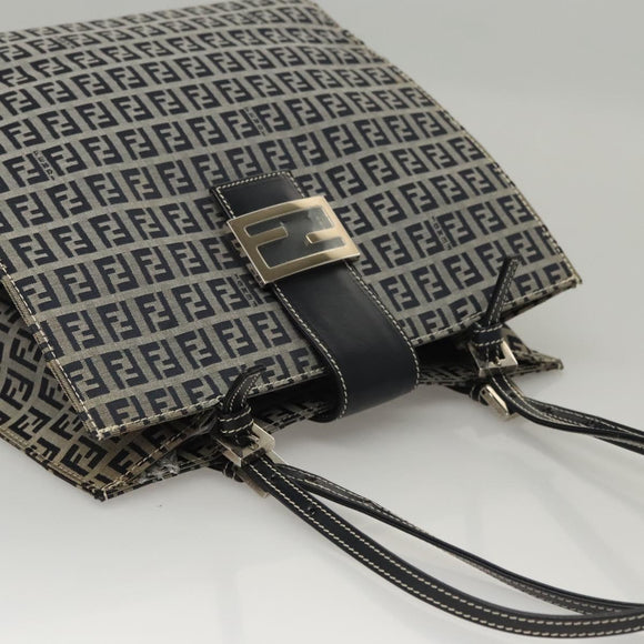FENDI Zucchino Canvas Tote Bag Navy Silver Auth BA886V