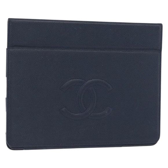 CHANEL iPad Case Caviar Skin Navy CC Auth BA8862