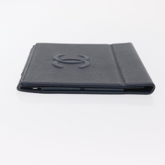 CHANEL iPad Case Caviar Skin Navy CC Auth BA8862
