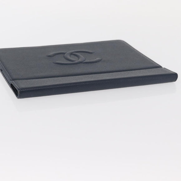 CHANEL iPad Case Caviar Skin Navy CC Auth BA8862