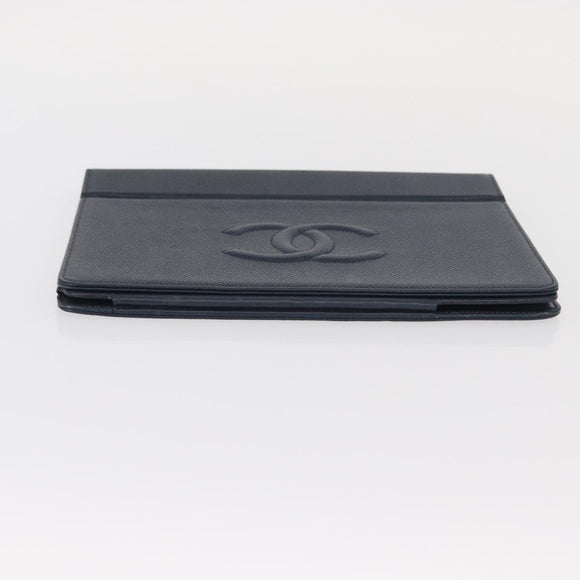 CHANEL iPad Case Caviar Skin Navy CC Auth BA8862
