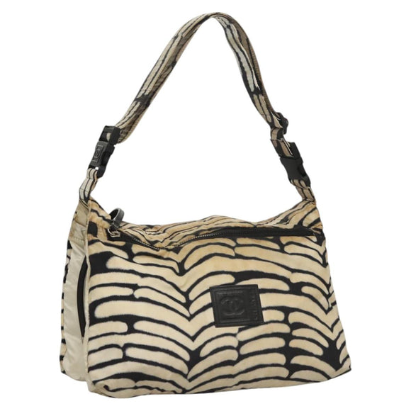CHANEL Sports Shoulder Bag Nylon White Black CC Auth BA888