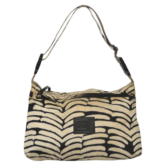 CHANEL Sports Shoulder Bag Nylon White Black CC Auth BA888