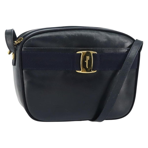 Salvatore Ferragamo Vala Shoulder Bag Leather Navy Gold Auth BA8897