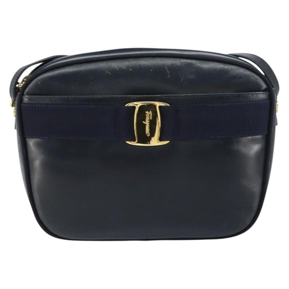 Salvatore Ferragamo Vala Shoulder Bag Leather Navy Gold Auth BA8897