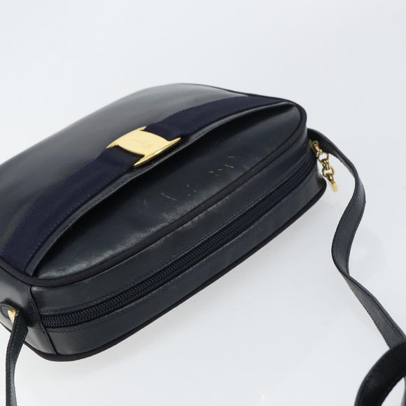 Salvatore Ferragamo Vala Shoulder Bag Leather Navy Gold Auth BA8897