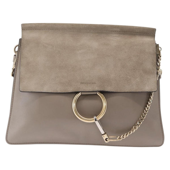 Chloe Fay Shoulder Bag Suede Leather Beige Gold Auth BA8909