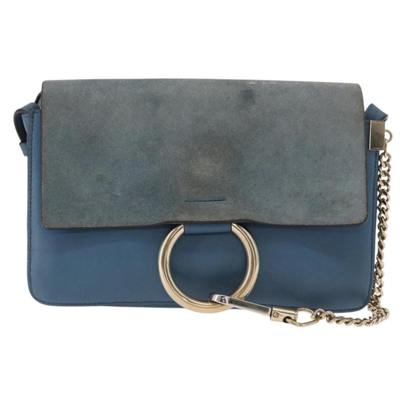 Chloe Fay Shoulder Bag Suede Leather Blue Gold Auth BA8910