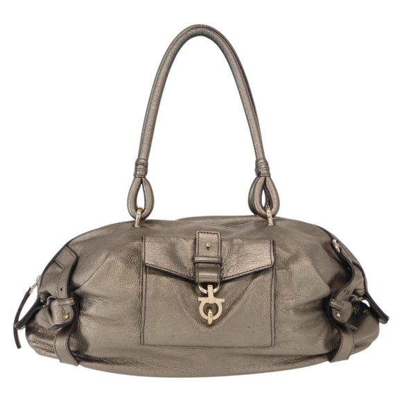 Salvatore Ferragamo Gancini Shoulder Bag Leather Gold Auth BA8916