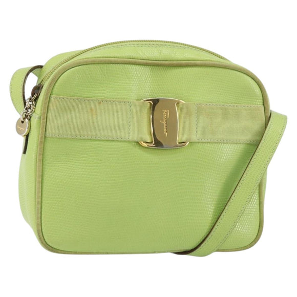 Salvatore Ferragamo Vala Shoulder Bag Leather Embossed Green Gold Auth BA8918