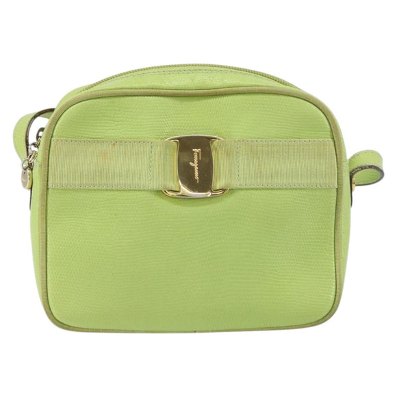 Salvatore Ferragamo Vala Shoulder Bag Leather Embossed Green Gold Auth BA8918