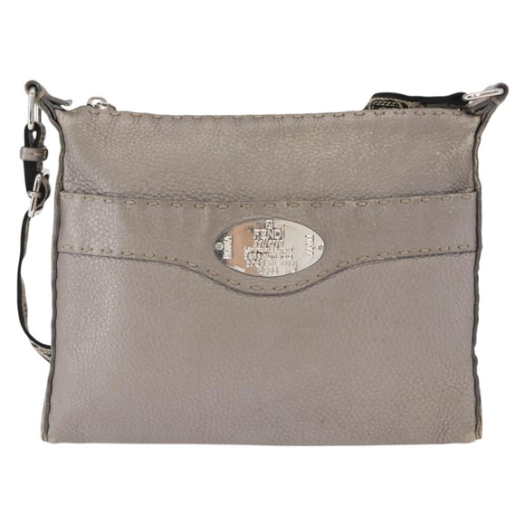 FENDI Celeria Shoulder Bag Leather Silver Auth BA8920