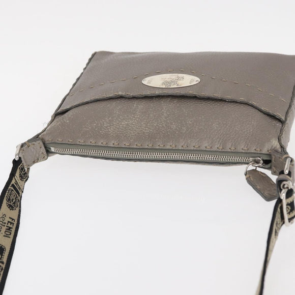 FENDI Celeria Shoulder Bag Leather Silver Auth BA8920