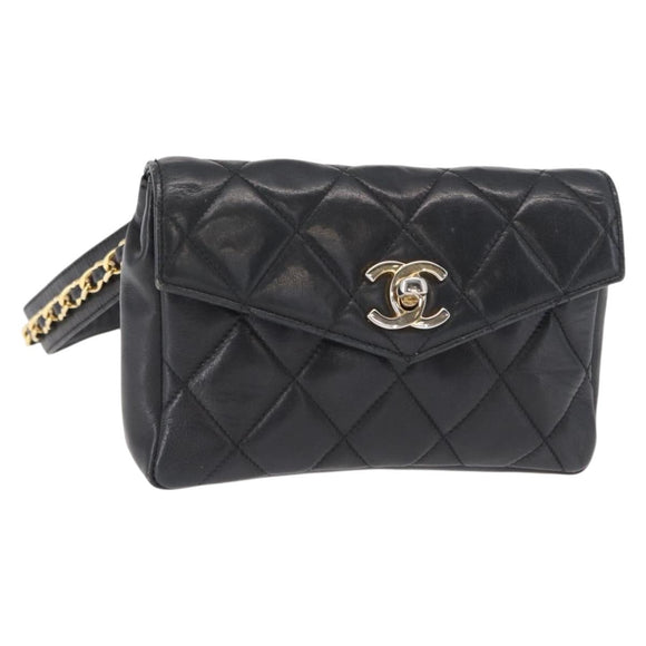 CHANEL Matelasse Chain Waist bag Lamb Skin Black Gold CC Auth BA8921