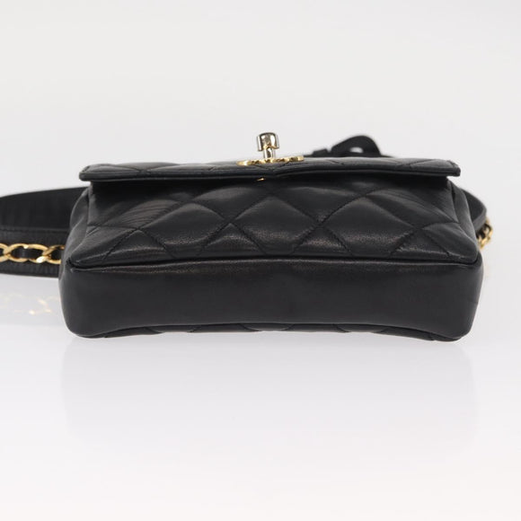 CHANEL Matelasse Chain Waist bag Lamb Skin Black Gold CC Auth BA8921