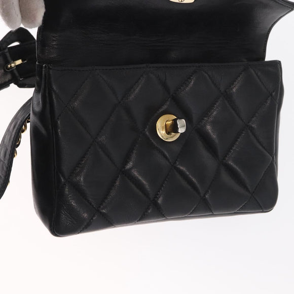 CHANEL Matelasse Chain Waist bag Lamb Skin Black Gold CC Auth BA8921
