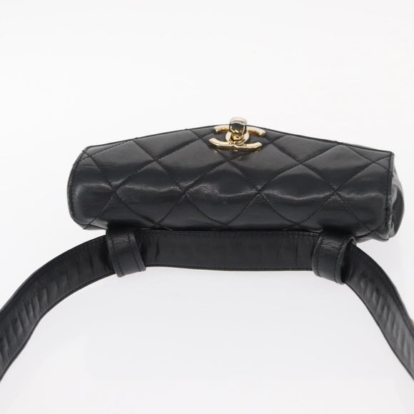 CHANEL Matelasse Chain Waist bag Lamb Skin Black Gold CC Auth BA8921