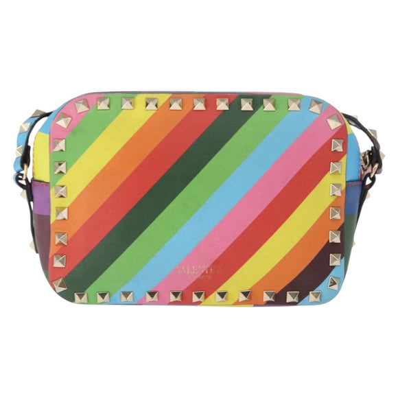 VALENTINO Studs Shoulder Bag Leather Gold Rainbow Auth BA8950