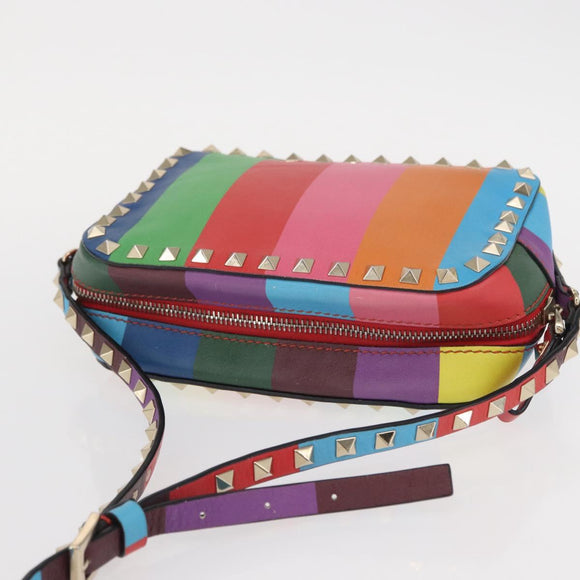 VALENTINO Studs Shoulder Bag Leather Gold Rainbow Auth BA8950