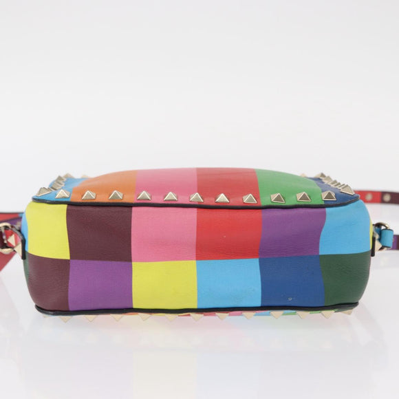 VALENTINO Studs Shoulder Bag Leather Gold Rainbow Auth BA8950