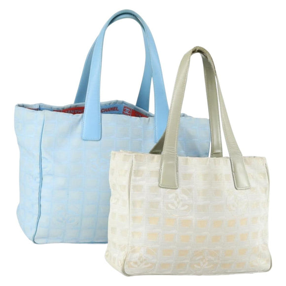 CHANEL New Travel Line Tote Bag Nylon 2er Set Blau Beige CC Auth BA8965