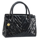CHANEL V Stitch Hand Bag Enamel Black Gold CC Auth BA8975-1