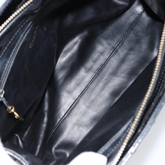CHANEL V Stitch Hand Bag Enamel Black Gold CC Auth BA8975