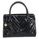 CHANEL V Stitch Hand Bag Enamel Black Gold CC Auth BA8975-2