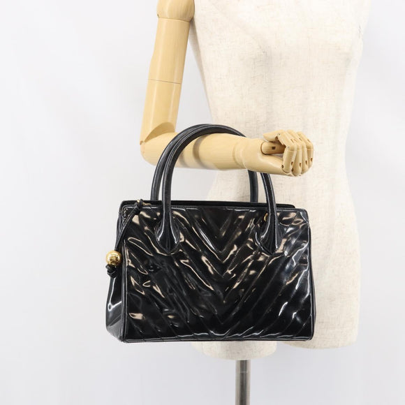 CHANEL V Stitch Hand Bag Enamel Black Gold CC Auth BA8975