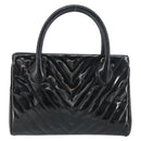 CHANEL V Stitch Hand Bag Enamel Black Gold CC Auth BA8975-3