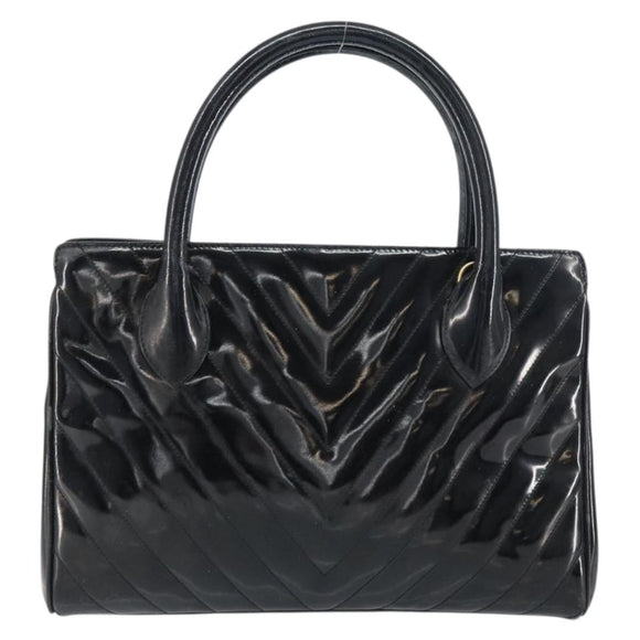 CHANEL V Stitch Hand Bag Enamel Black Gold CC Auth BA8975