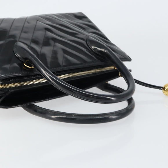 CHANEL V Stitch Hand Bag Enamel Black Gold CC Auth BA8975