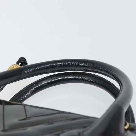 CHANEL V Stitch Hand Bag Enamel Black Gold CC Auth BA8975