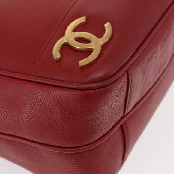 CHANEL Tote Bag Caviar Skin Red Gold CC Auth BA8976
