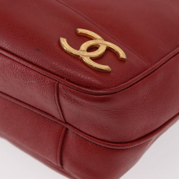 CHANEL Tote Bag Caviar Skin Red Gold CC Auth BA8976