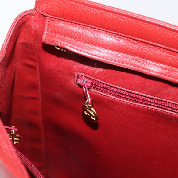 CHANEL Tote Bag Caviar Skin Red Gold CC Auth BA8976